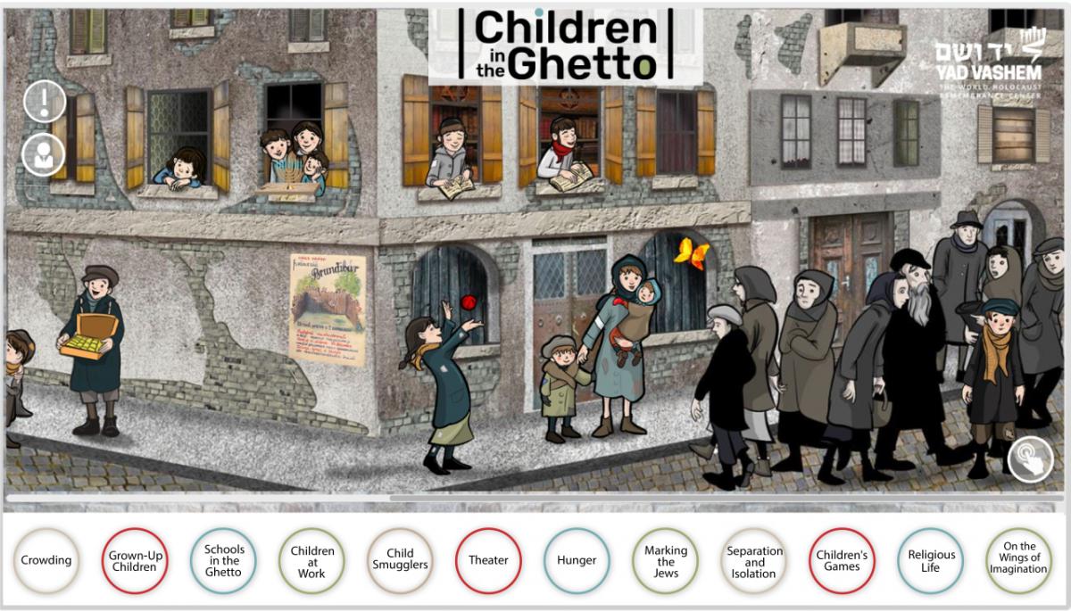 המרחב מציג רחוב בגטו, שבאמצעותו הילדים יכולים להכיר וללמוד נושאים שונים מתקופת השואה וחיי היהודים בגטאות